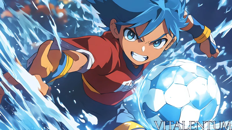 Energetic blue haired soccer hero charging with water power.