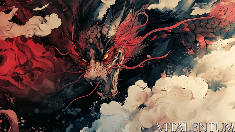 Crimson storm dragon surges through swirling painted clouds.