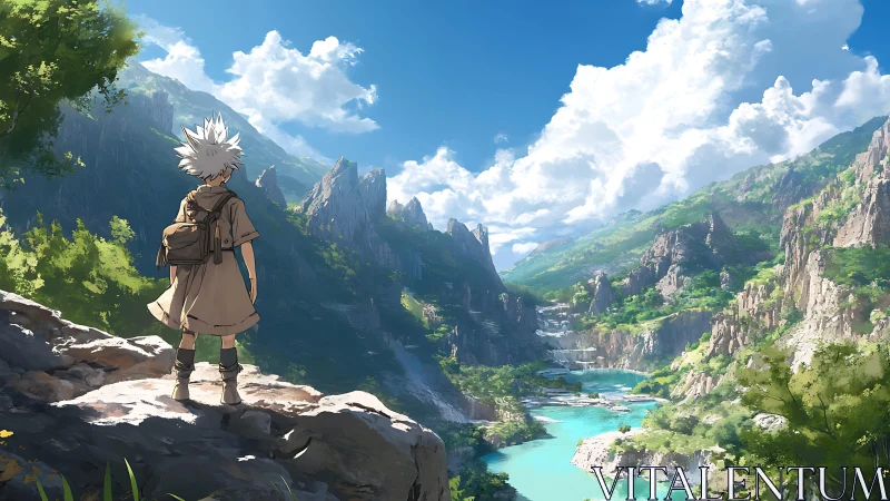 Young traveler surveys a vast turquoise valley of clouds and cliffs.