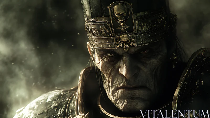 Ancient warlord glares through smoke in a grim fantasy realm