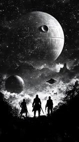 Monochrome sci fi battle scene with planets and warriors.