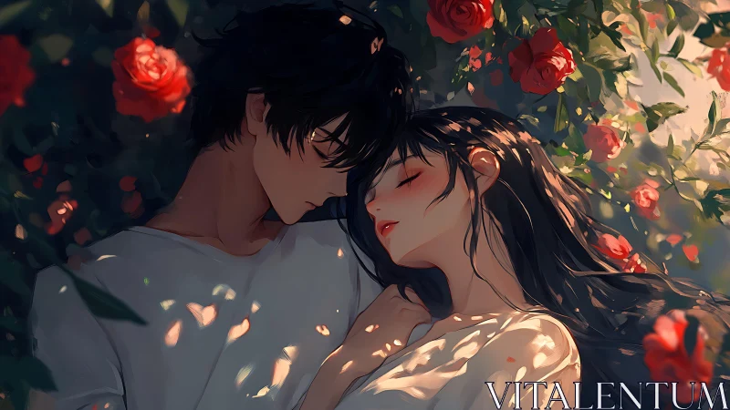 Lovers resting in rose garden under warm dappled light.