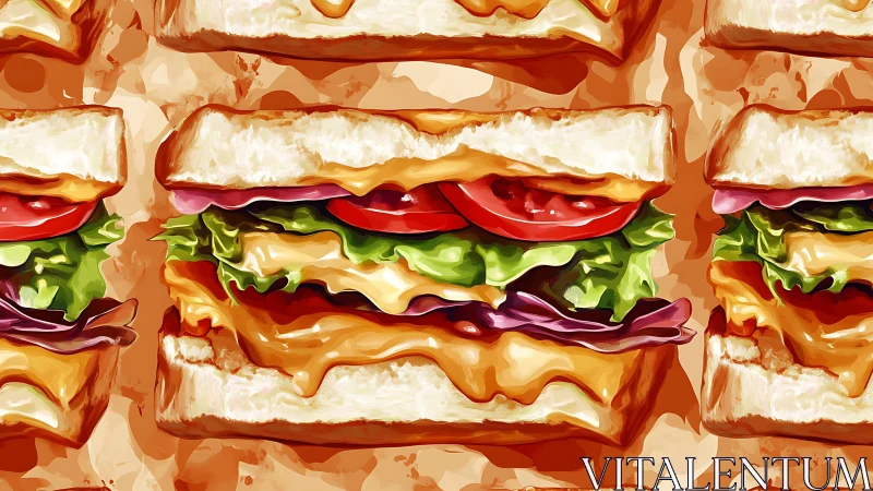 Digital painting of stacked cheese sandwiches pattern.