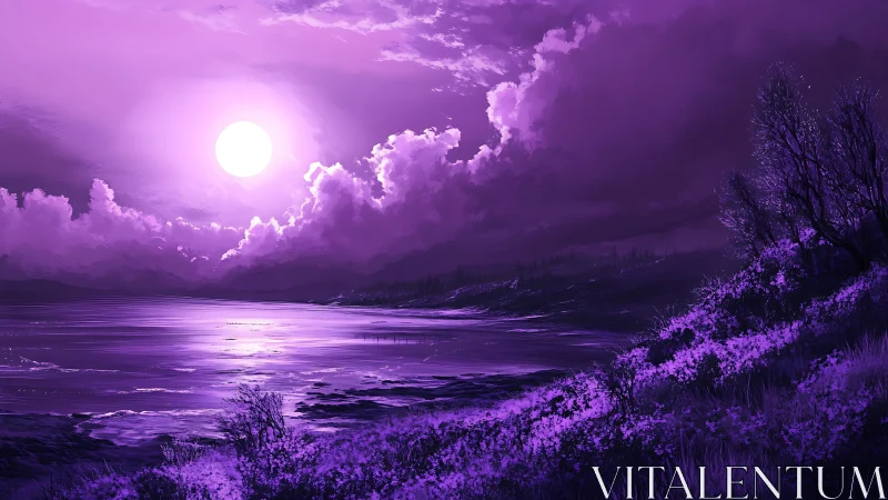Dreamy violet shoreline glowing under a gentle moonlit sky.