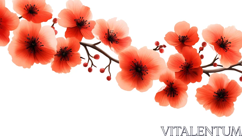 Coral Poppies on Branches: Botanical Digital Composition.