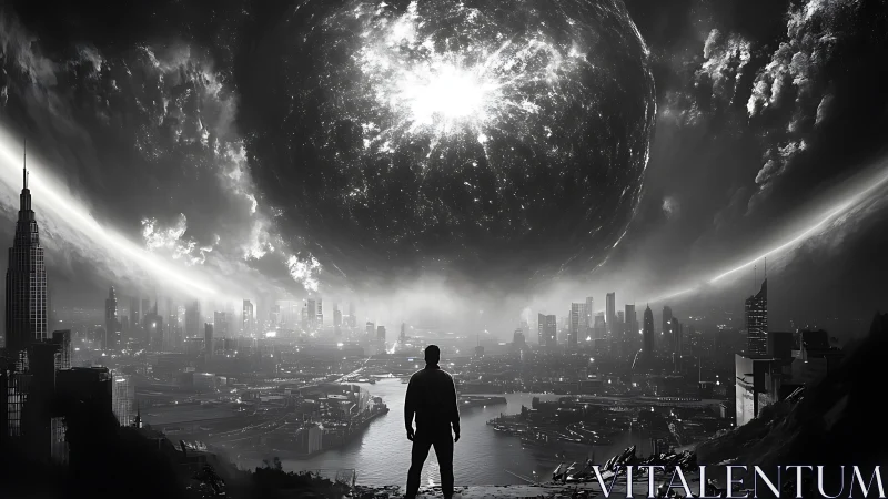 Monochrome sci‑fi cityscape with looming celestial singularity.