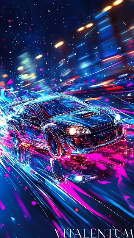 Neon sports car racing through futuristic city lights.