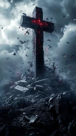 Burning stone cross over shattered rocky grave mound.