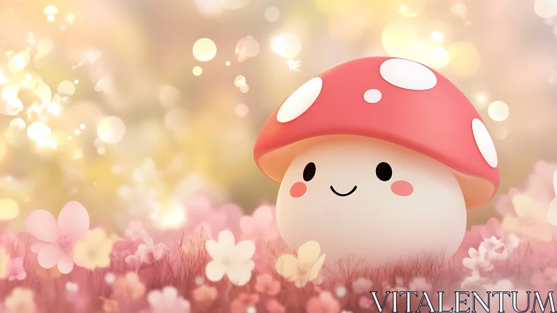 Softly lit kawaii mushroom character rendered in stylized 3D