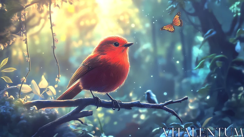 Vibrant red bird and butterfly in dreamy forest digital painting.