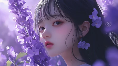 Violet blossoms frame ethereal girl in soft digital light.