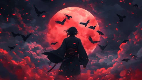 Swordsman silhouette under red moon with circling crows