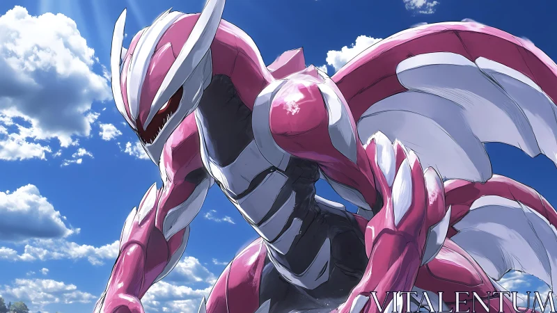 Pink armored dragon stands against bright daylight sky
