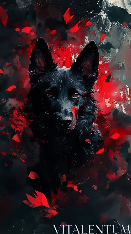 Midnight canine portrait within red abstract paint vortex