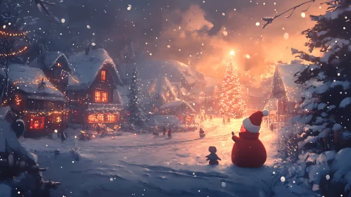 Snowy village square glows under towering Christmas tree lights