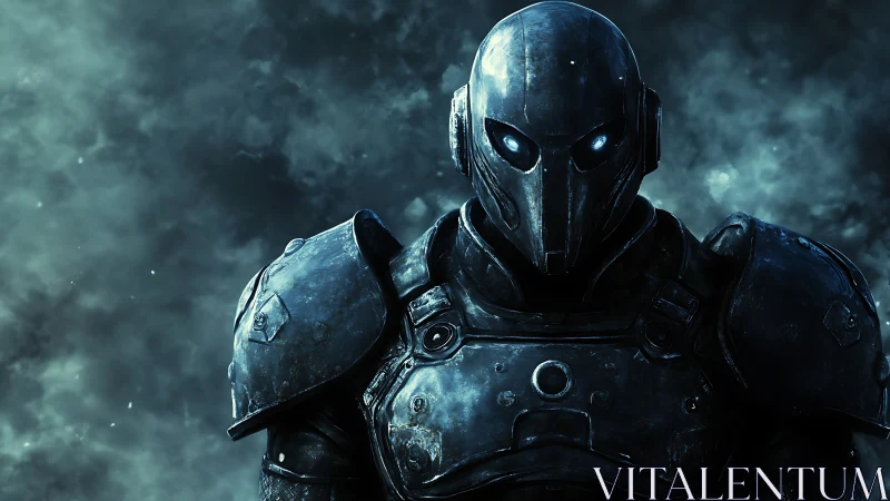 Armored humanoid robot with glowing eyes in dark mist