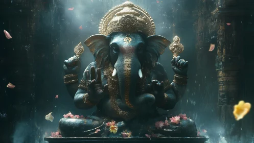 Divine ganesha idol glows within misty temple sanctum