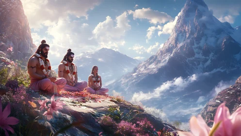 Himalayan plateau with meditating sages under volumetric cloudscape