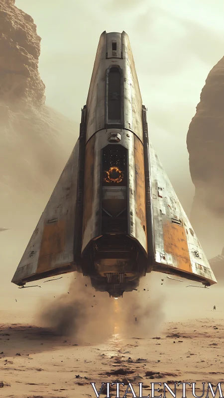 Desert launch tower rockets upward through shrouded dust.