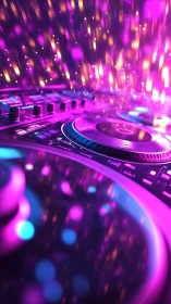 Vibrant DJ controller under neon bokeh light trails in motion