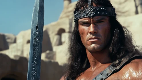 Sword wielding warrior in desert fortress setting.