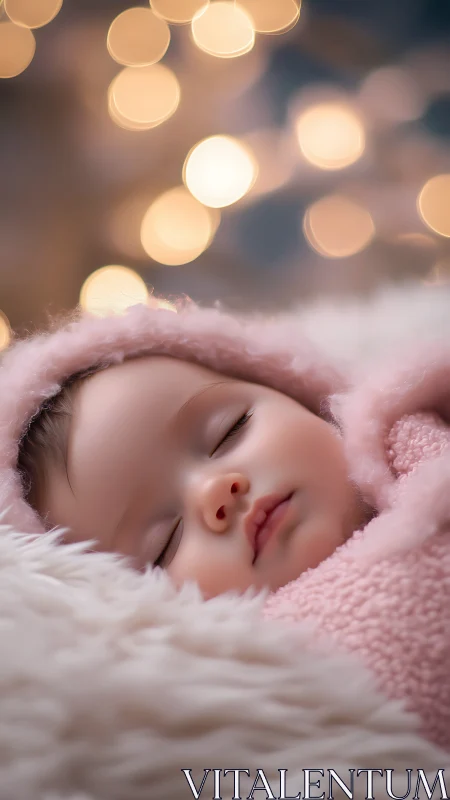 Sleeping infant wrapped in pink blanket with soft lights.