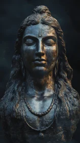 Serene bronze deity bust radiates calm in moody light.