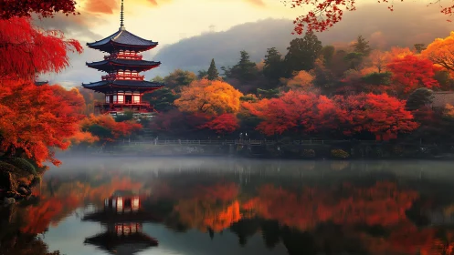 Crimson pagoda dreaming above mist-kissed autumn mirror.