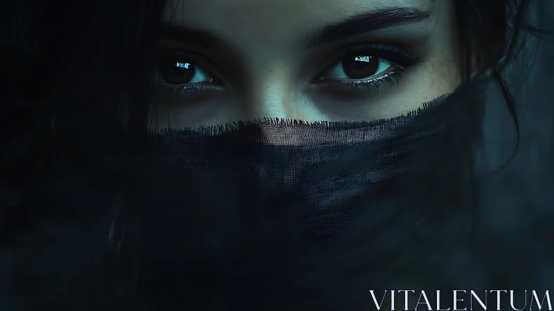 Veiled gaze framed by dark fabric in moody close-up portrait.