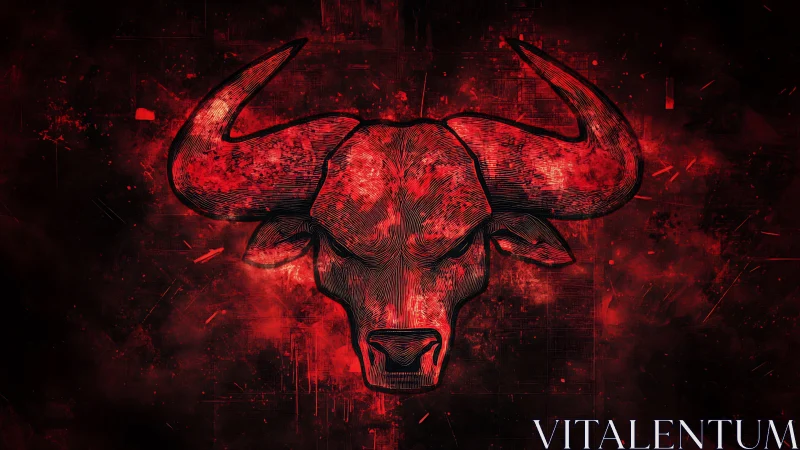 Digital engraving bull emblem with red grunge field composition.