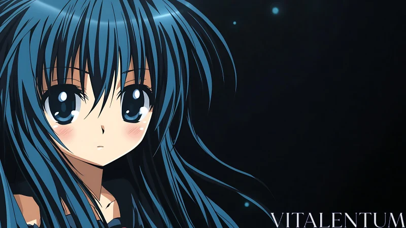 Blue haired anime girl portrait on dark background.