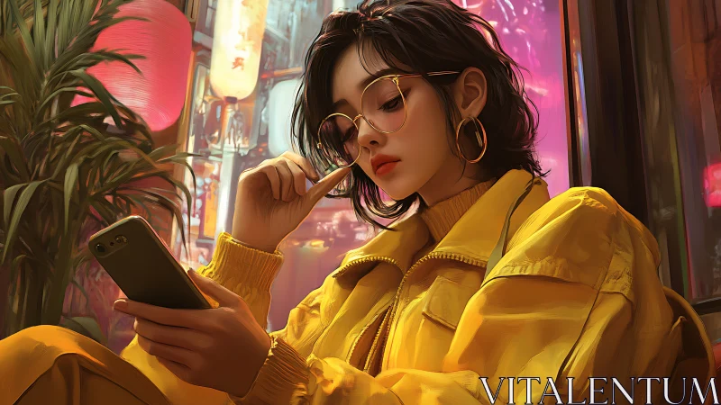 Neon city girl in yellow jacket reading on smartphone at night.