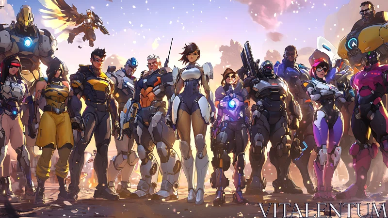 Sunlit squad of armored heroes ready to rewrite the battlefield.