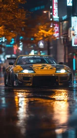 Modified yellow sports car on wet city street at night.