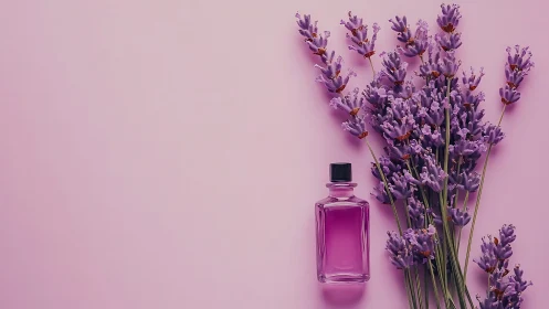 Soft lavender bouquet and perfume bottle on pastel pink.