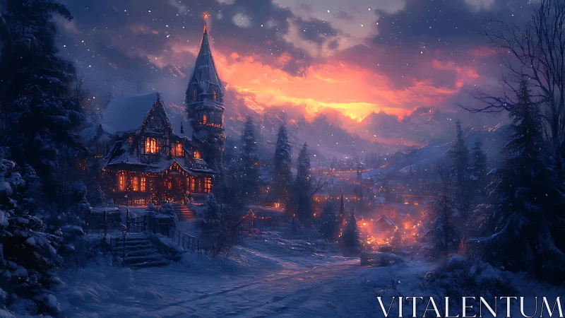 Snow-covered alpine village at dusk with glowing chalet lights