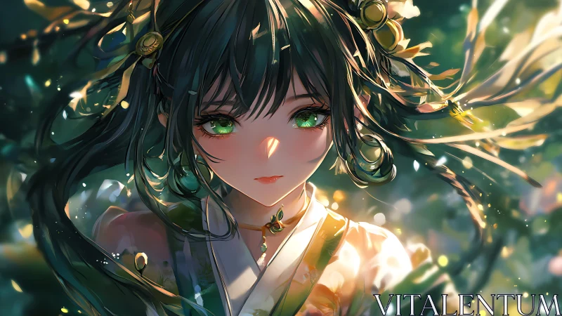 Emerald-eyed anime maiden rendered in luminous bokeh lighting