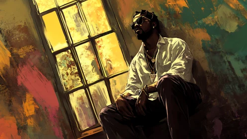 Moody hip-hop artist rests in golden abstract window light.