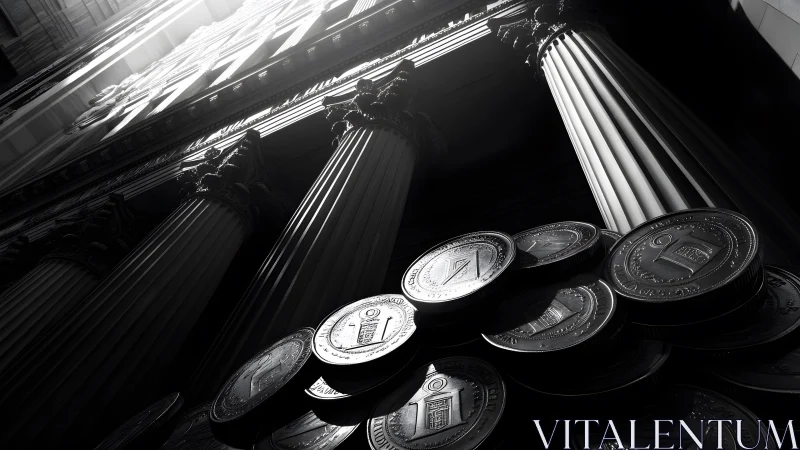 Dramatic Bank Facade with Stacked Coins in Monochrome Light.