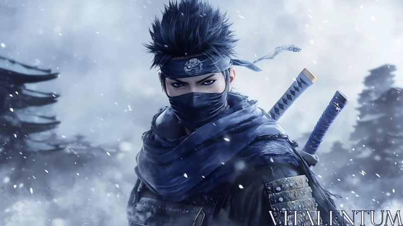 Masked winter ninja warrior stands in swirling snowstorm.