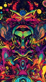 Psychedelic alien face in vivid symmetrical abstract art.