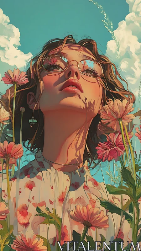 Woman in floral dress gazes upward through soft summer light