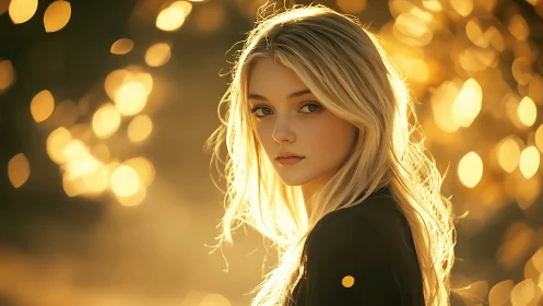 Blonde subject in warm backlight with defocused bokeh field.