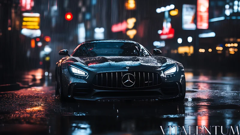 Midnight rain racer stalks neon city streets in silence.