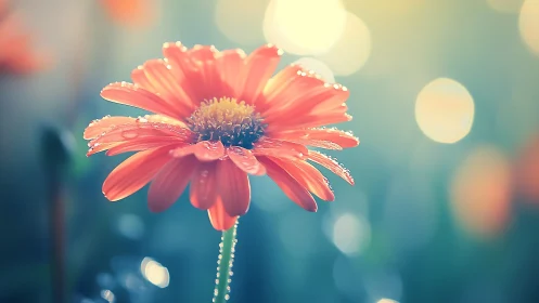 Coral Gerbera Daisy with Dew Drops and Soft Bokeh.