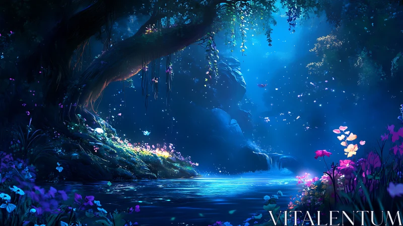 Bioluminescent forest river under moonlit canopy, fantasy nocturne
