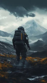 Solitary astronaut trekking toward storm-laced alien peak.