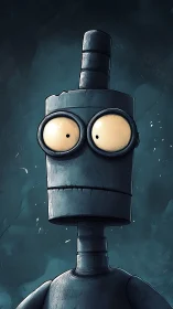 Wide-eyed cartoon robot in moody teal night glow.