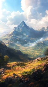 Sunlit highland spire rising above mistlit emerald valley.