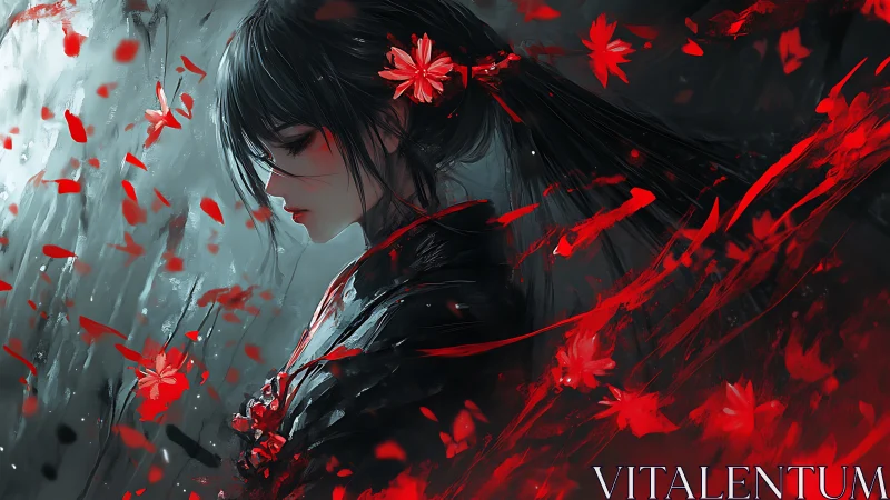 Side-profile samurai portrait uses red-black palette and dynamic petals